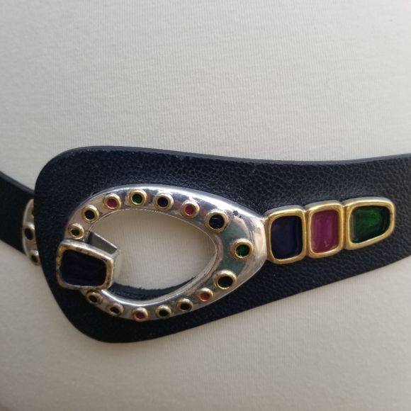 Vintage Chico's Adjustable Rhinestones Leather Wide Hook Belt - Picture 3 of 10